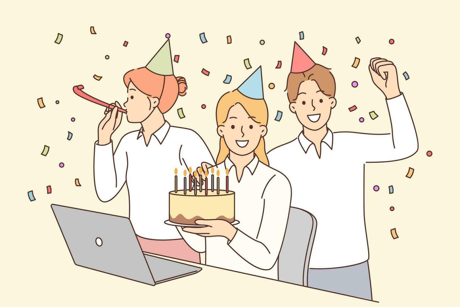 födelsedag fest med kontor kollegor och vänner från arbete ger kaka och använder sig av konfetti. Lycklig flicka sitter på tabell med bärbar dator nära företag partners vem gratulerade på födelsedag vektor