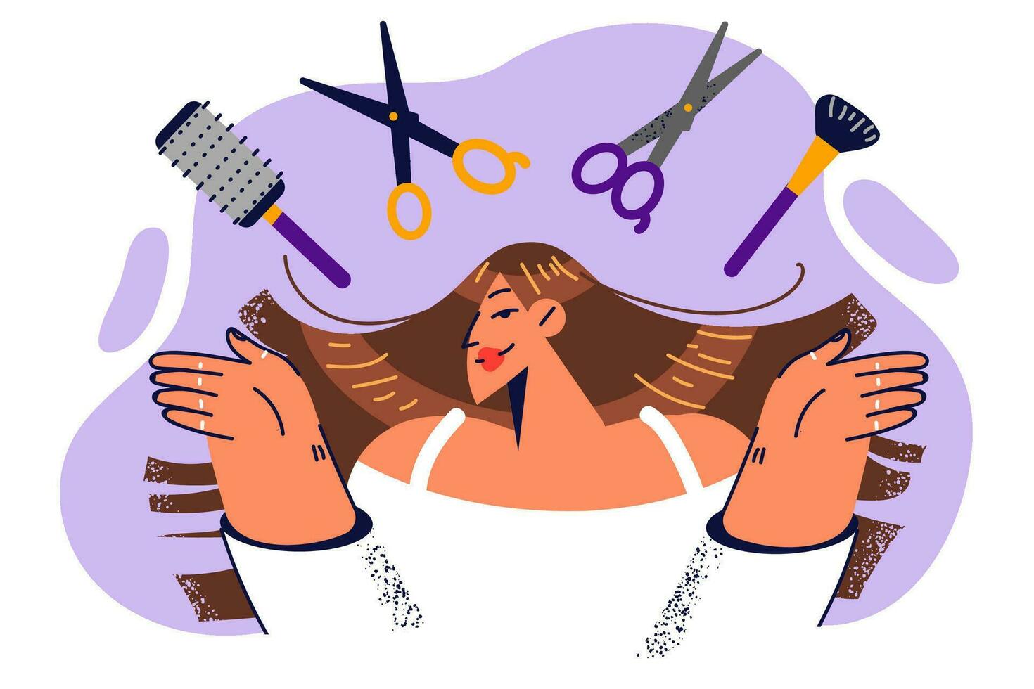 Frau Friseur mit Werkzeuge zu Arbeit auf schön Frisur und erstellen Neu aussehen Vielen Dank zu Haarschnitte. Mädchen steht in der Nähe von Schere und Kamm Werbung Dienstleistungen von Friseur oder Schönheit Salon vektor