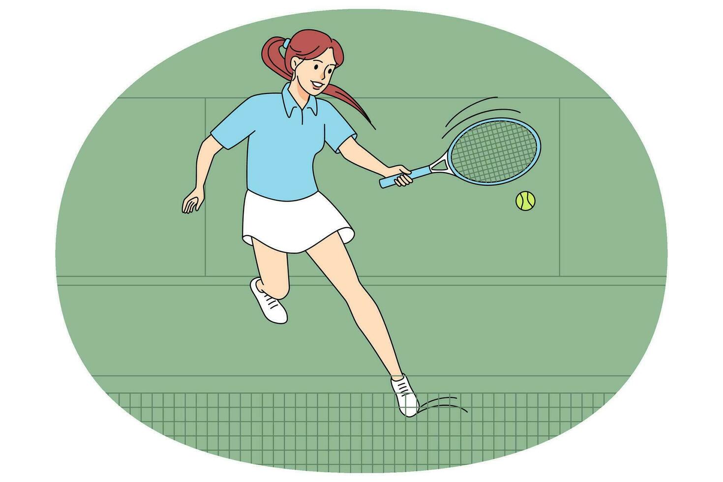 glücklich jung Frau im Uniform spielen Tennis draußen. lächelnd Mädchen Sport Spieler auf Gericht. Hobby und gesund Lebensstil. Vektor Illustration.