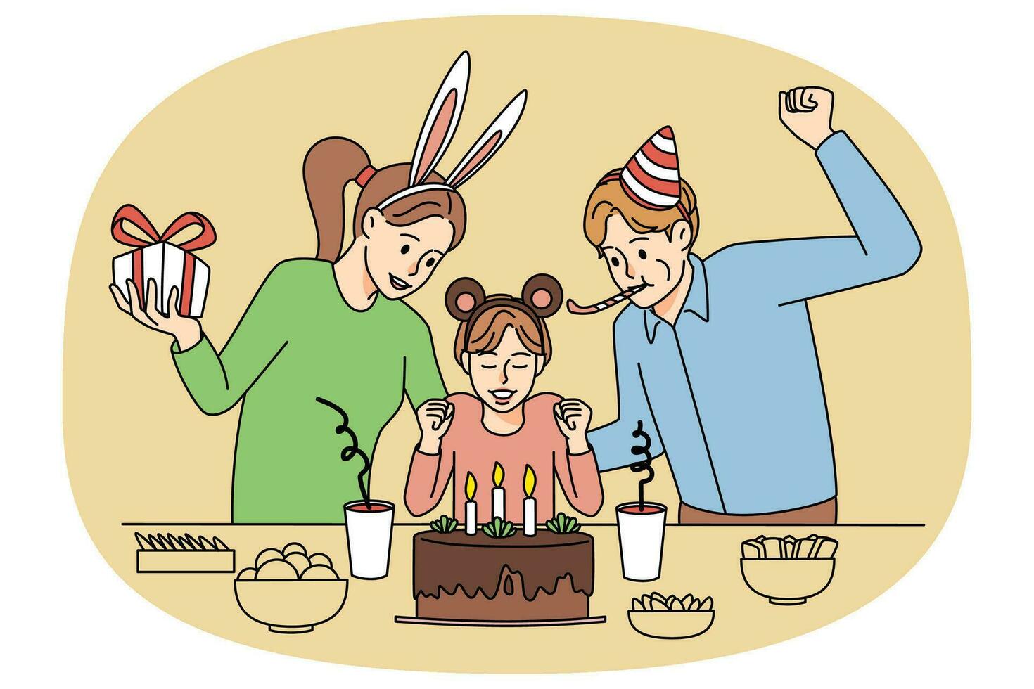 glücklich Eltern und Kind Schlag Kerzen auf Geburtstag Kuchen. lächelnd Familie mit Kind feiern Jahrestag zusammen. eben Vektor Illustration.