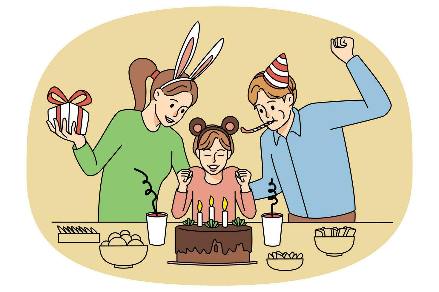 Lycklig föräldrar och barn blåsa ljus på födelsedag kaka. leende familj med unge fira årsdag tillsammans. platt vektor illustration.