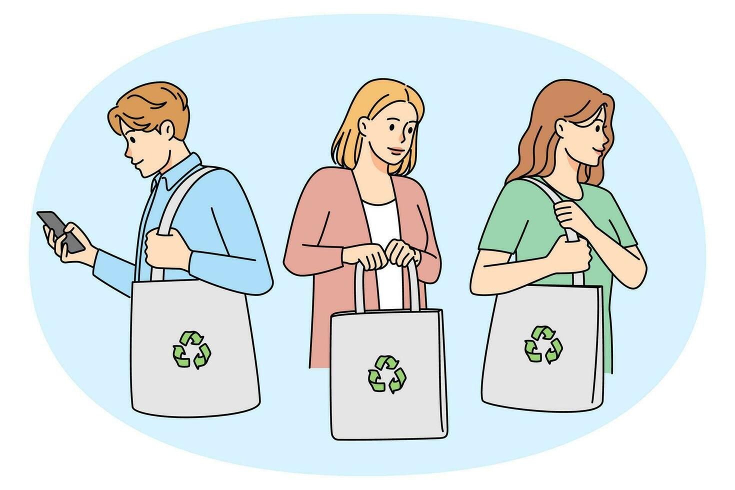 människor med eco påsar vård handla om natur bevarande och miljö. män och kvinnor med textil- shoppare. noll avfall begrepp. vektor illustration.