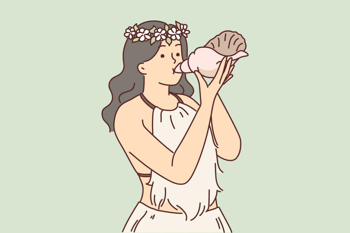 polynesisk kvinna levande på laga mat ö användningar snäckskal istället av musikalisk instrument. inhemsk invånare av polynesisk område av rarotonga är klädd i traditionell Kläder med blommor på hår vektor