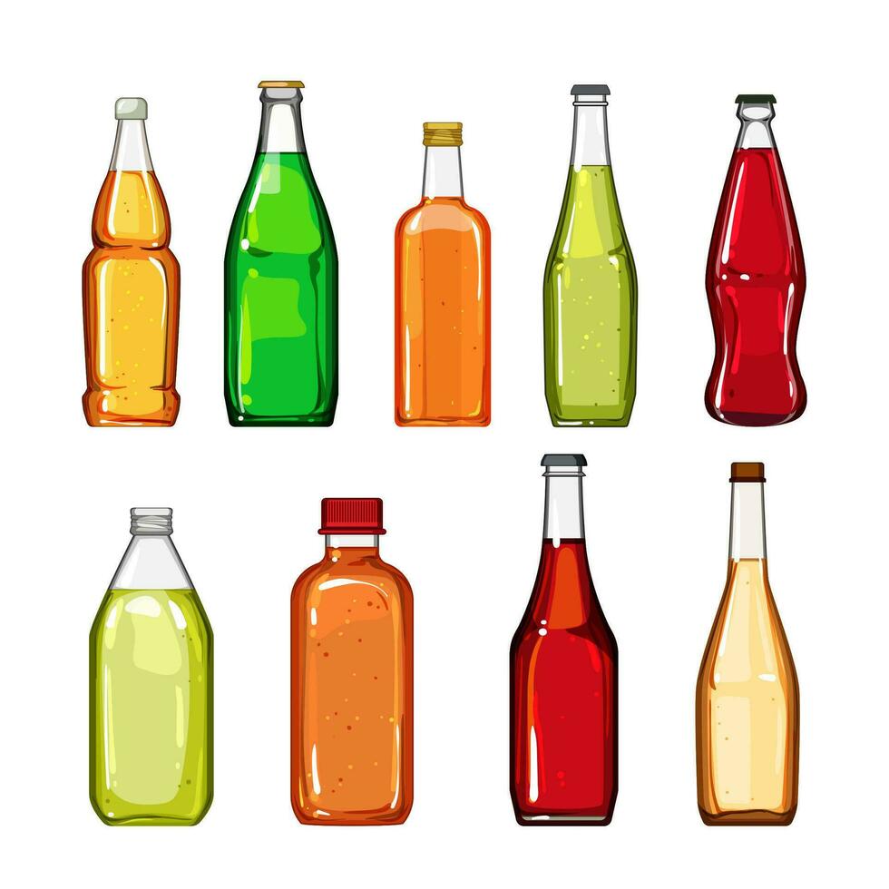 glas flaska soda uppsättning tecknad serie vektor illustration