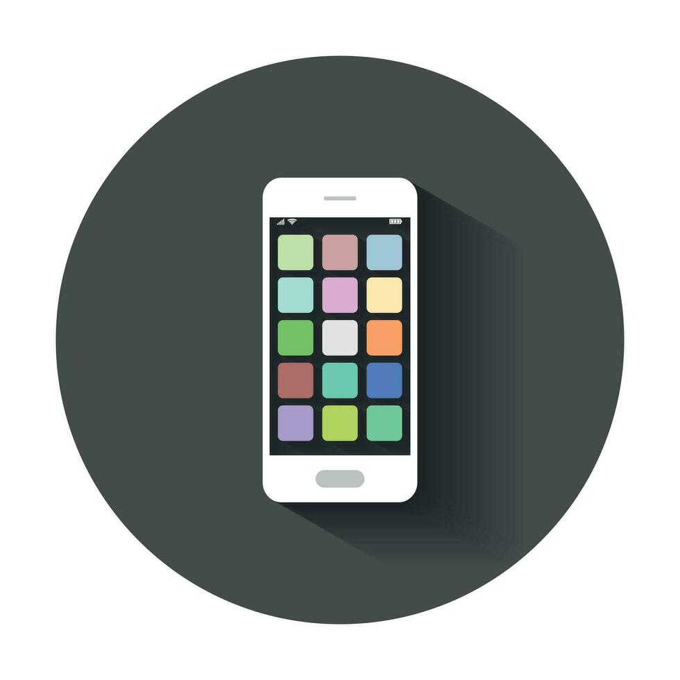 Smartphone Symbol mit App. Telefon Vektor Illustration mit lange Schatten.