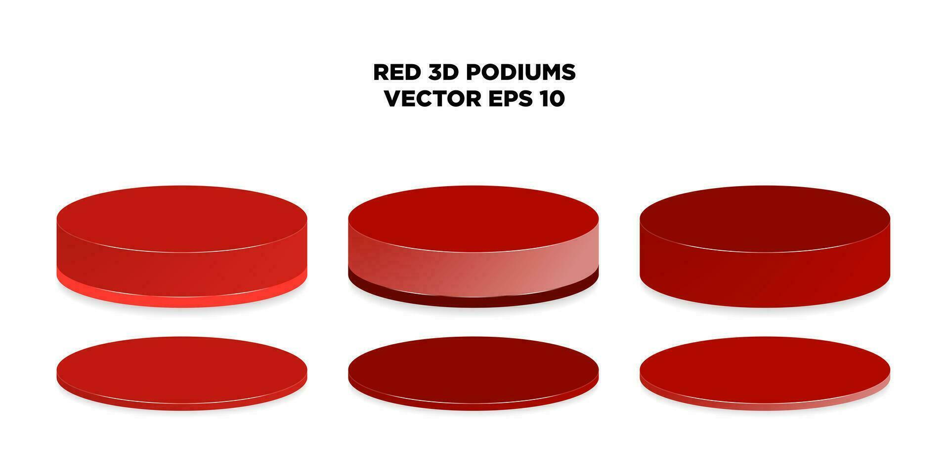 uppsättning av 3d återges glansig plattformar, tjock och tunn pallplatser. tömma 3d röd pallplatser med subtil skuggor. utställningslokal piedestaler. vektor illustration falsk upp.