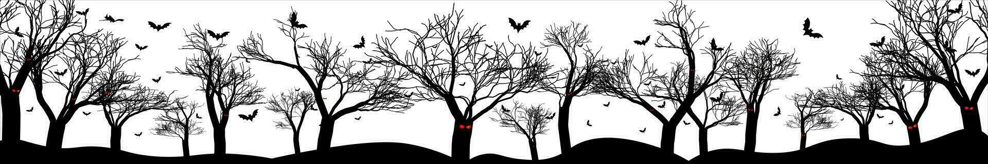 unheimlich schwarz Wald Silhouette mit Gruppen fliegend Fledermäuse isoliert auf Weiß Hintergrund. perfekt zum Halloween Hintergründe. Vektor Illustration. eps 10.