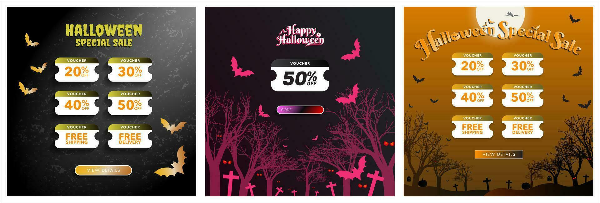 uppsättning av halloween tema särskild försäljning uppkopplad voucher posters med se detaljer cta knapp och voucher koda. halloween digital 50 kupong, fri frakt, fri leverans. redigerbar vektor mall.