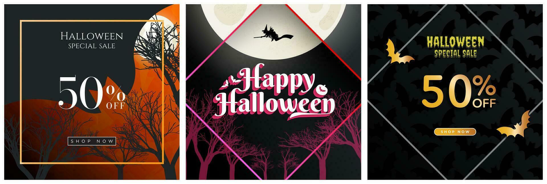 einstellen von dunkel glücklich Halloween Verkauf Zeichen und Typografie mit Grusel Konzept, 50 aus, Geschäft jetzt Taste. Hexe fliegend im Mond, fliegend Fledermäuse, und Baum Silhouetten auf gruselig Sonnenuntergang Nacht. Vektor Illustration