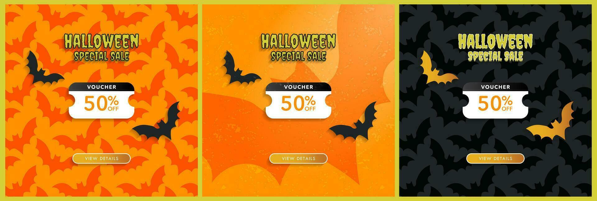 einstellen von Hallo Halloween Besondere Verkauf online Gutschein Designs mit Aussicht Einzelheiten cta Taste und Raum zum Gutschein Code. Halloween Digital 50 aus Coupon, kostenlos Versand, kostenlos Lieferung. Vektor Vorlage