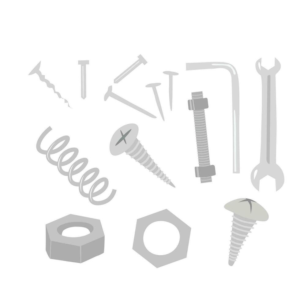 metall reparation verktyg vektor uppsättning. skruva, bult, hex bult, nagel. vår. rycka. spenner. nöt. mekaniker verktyg. mekanisk teknik. underhåll verktygslåda. konstruktion och hushåll renovering verktyg.