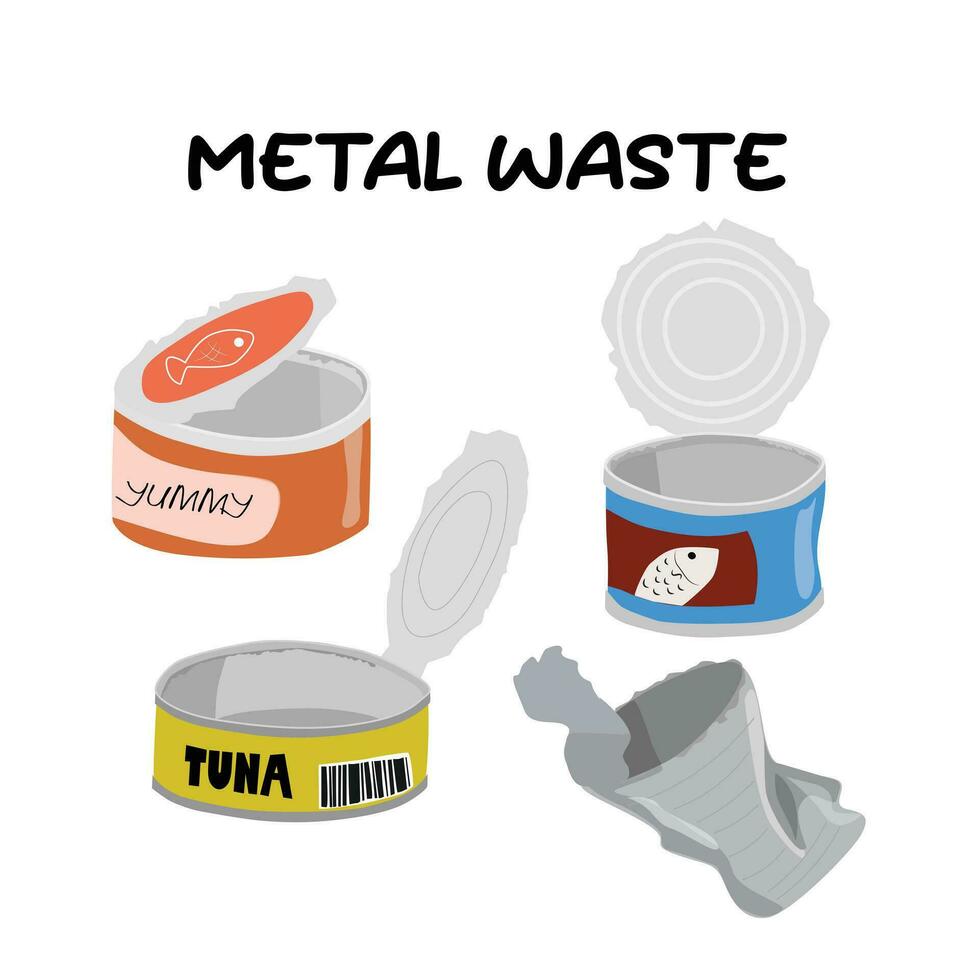 öppen kan av mat vektor uppsättning. konserverad mat vektor illustration uppsättning. aluminium Produkter. metall avfall. återvunnet sopor. platt vektor isolerat på vit bakgrund. mat tenn ClipArt. skräp. skräp.