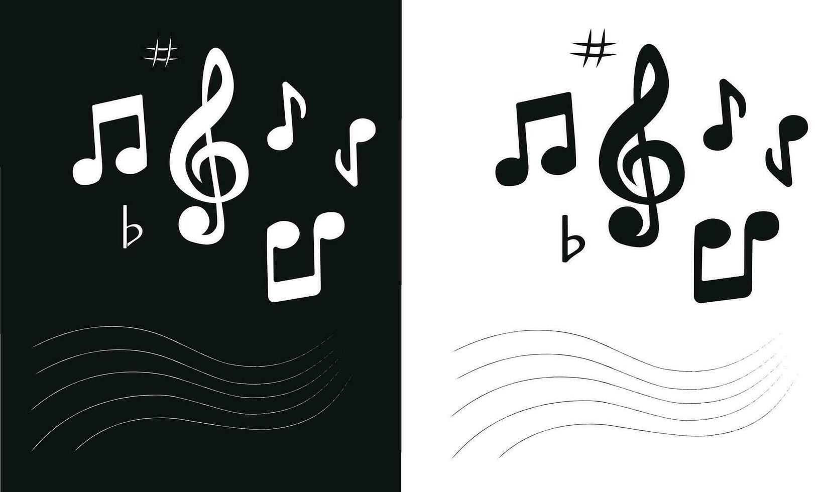 Musik- Anmerkungen eben Vektor einstellen isoliert auf schwarz und Weiß Hintergrund. Lied, Melodie oder Melodie Vektor Illustration. Musik- Hinweis Symbol zum Musical Apps und Webseiten. Musik- Symbol. Musik- Pentagramm.