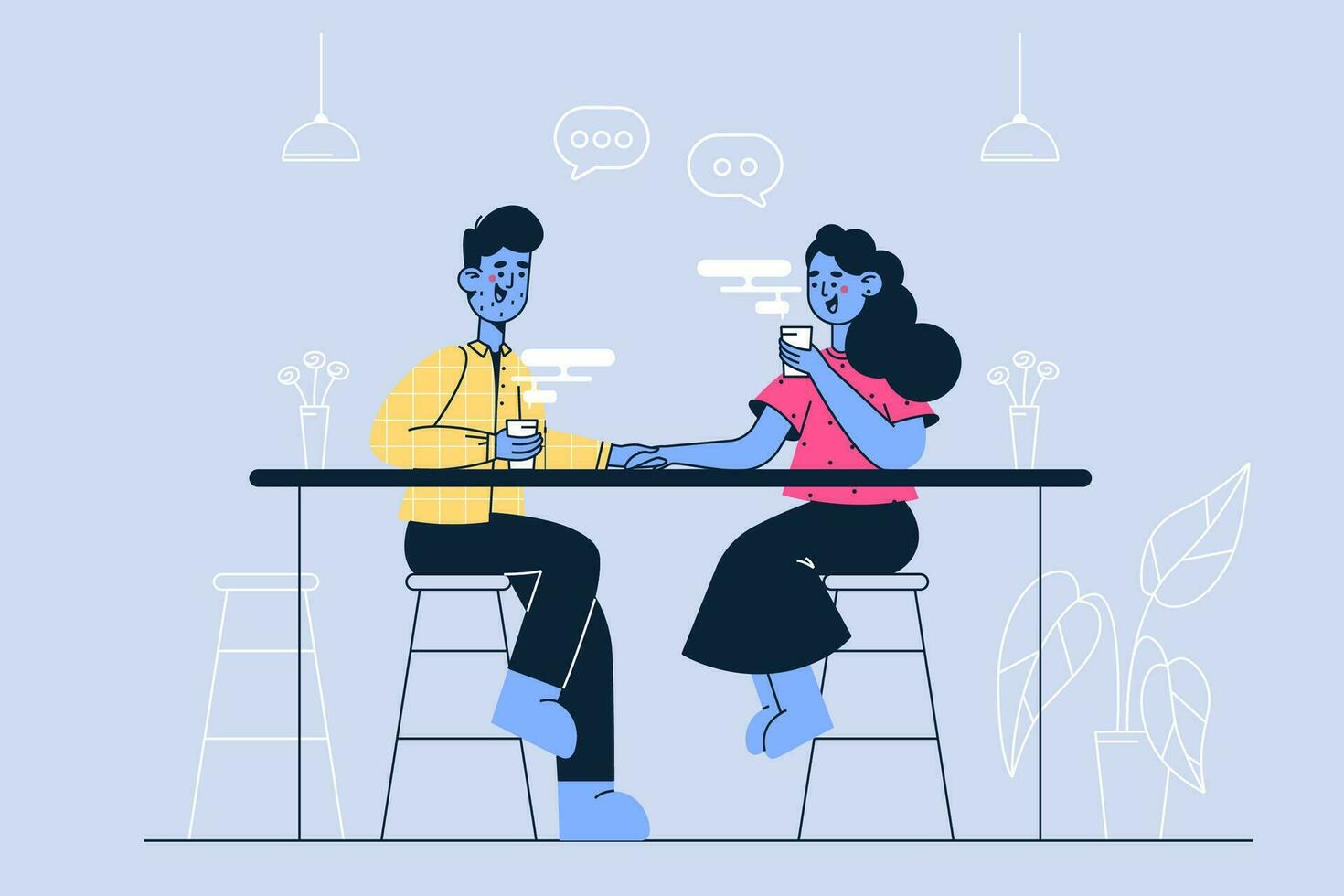 klein Geschäft und Cafeteria Konzept. jung lächelnd Paar Mann und Frau Sitzung zusammen und Trinken Kaffee im modern Kaffee Geschäft Cafeteria haben Datum Vektor Illustration