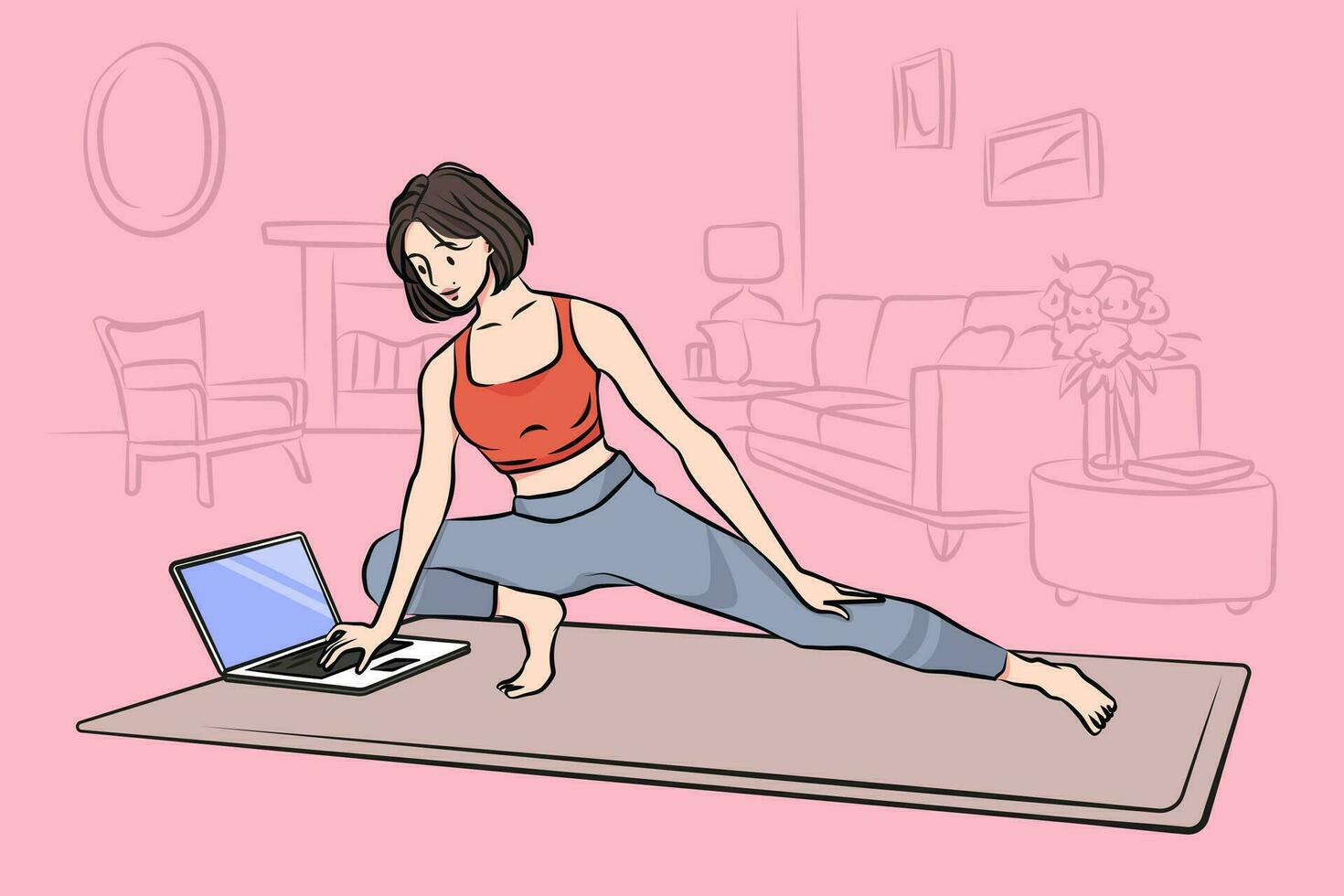 online Yoga Lektion Konzept. jung positiv Mädchen Karikatur Charakter suchen beim Laptop Bildschirm und tun Yoga Klasse beim Zuhause entfernt allein Vektor Illustration