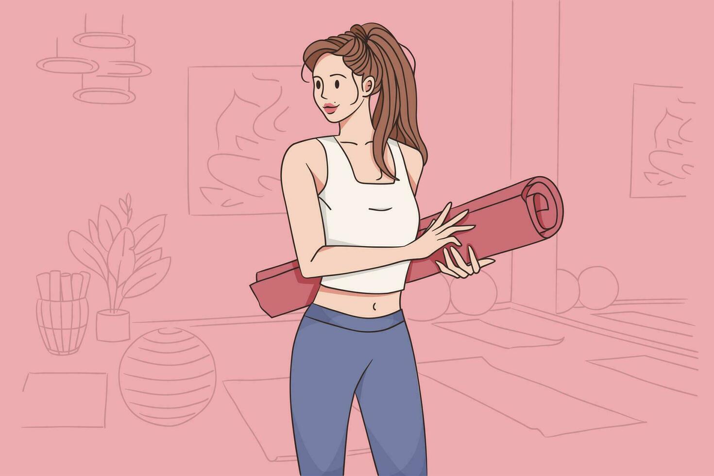 gesund aktiv Lebensstil Konzept. jung positiv Mädchen Karikatur Charakter Stehen und halten Fitness Matte zum Sport trainieren beim Zuhause Gefühl glücklich Vektor Illustration