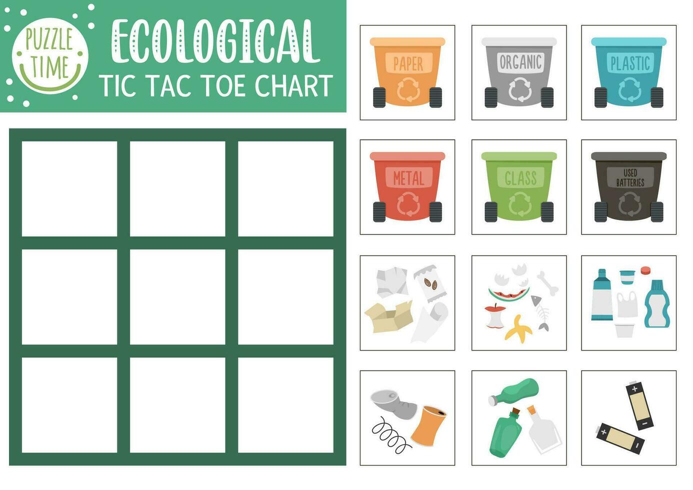 Vektor ökologisch tic tac Zehe Diagramm mit Müll Behälter und Abfall. Öko Bewusstsein Tafel Spiel spielen Feld. Null Abfall Erde Tag druckbar Arbeitsblatt. Nullen und Kreuze Gitter