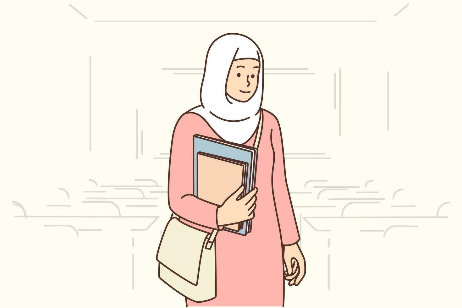 Muslim Schüler Mädchen steht im Auditorium mit Bücher im Hände, gekleidet im islamisch Kleidung und Tschador Abdeckung Kopf. Muslim Frau Schüler studieren im Hochschule oder Universität nach Abschluss von Schule vektor
