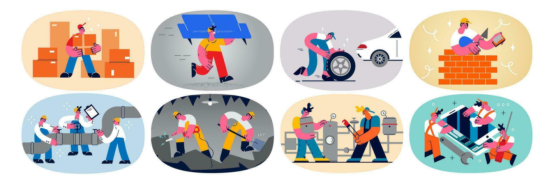 uppsättning av olika människor yrken. samling av reparatörer och tjänstemän visa Bra kvalitet service. bunt av hantverkare och mekaniker hjälp kunder. platt vektor illustration, tecknad serie karaktär.