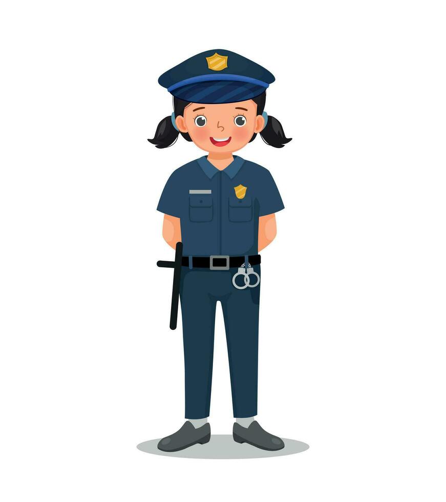 süß wenig Mädchen tragen Polizei Uniform vorgeben zu Sein Polizei Offizier vektor