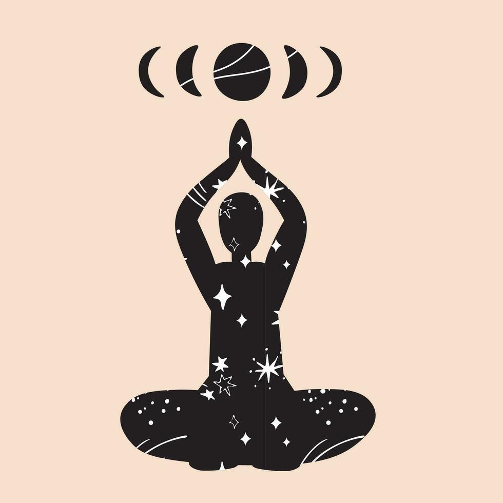 silhuett yoga mediterar man och faser av de måne. mänsklig förbindelse med de kosmos och måne, ritual praxis, internationell dag av yoga mall, affisch, vykort, t-shirt skriva ut, affisch. vektor