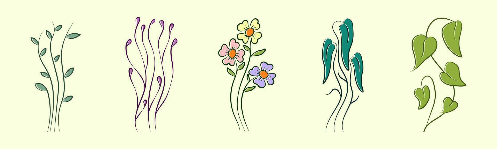 einstellen von Hand gezeichnet Blumen- Elemente Design. botanisch Vektor. Blume Satz. vektor