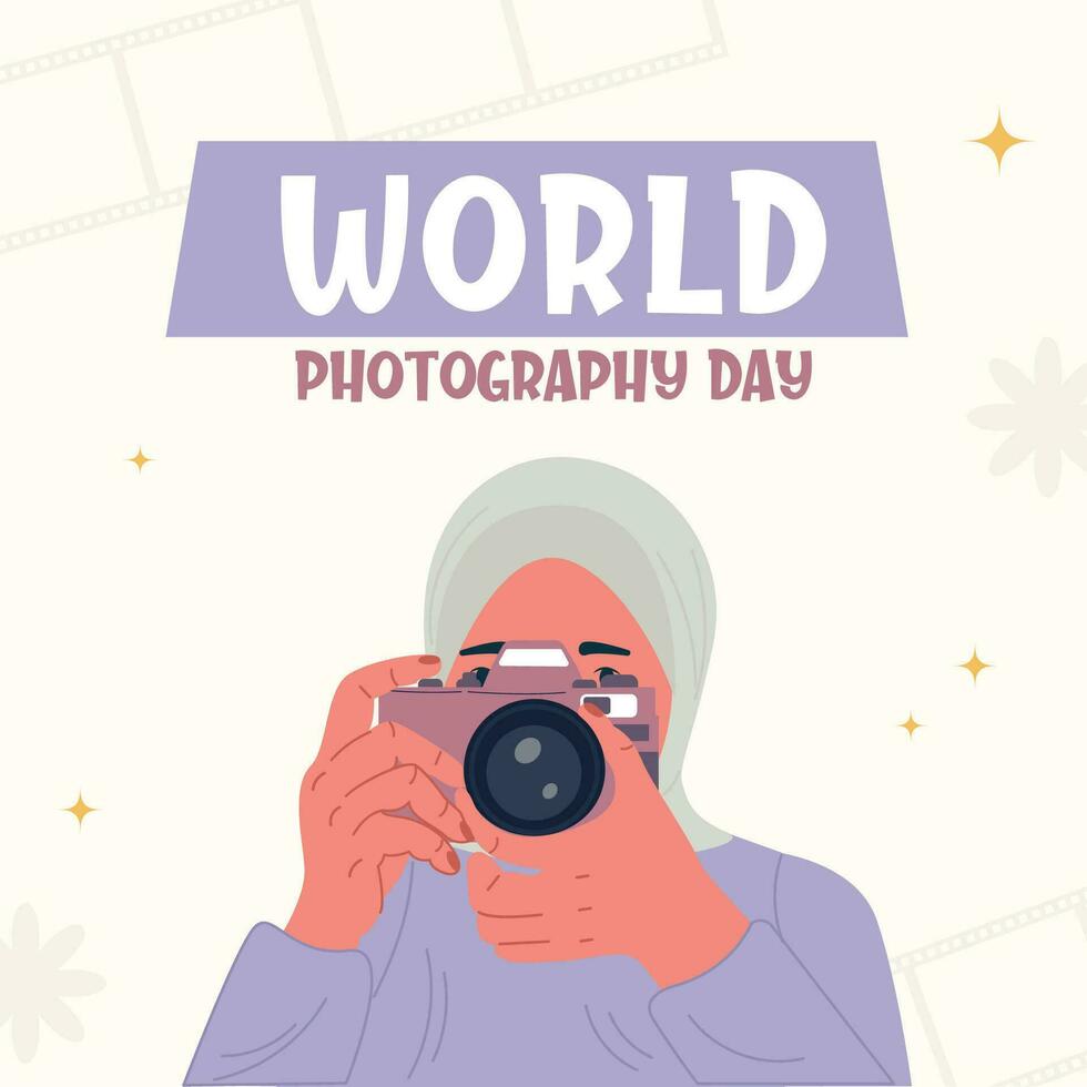 eben Welt Fotografie Tag Hintergrund. ein Muslim Frau tragen ein Hijab nimmt ein Foto vektor