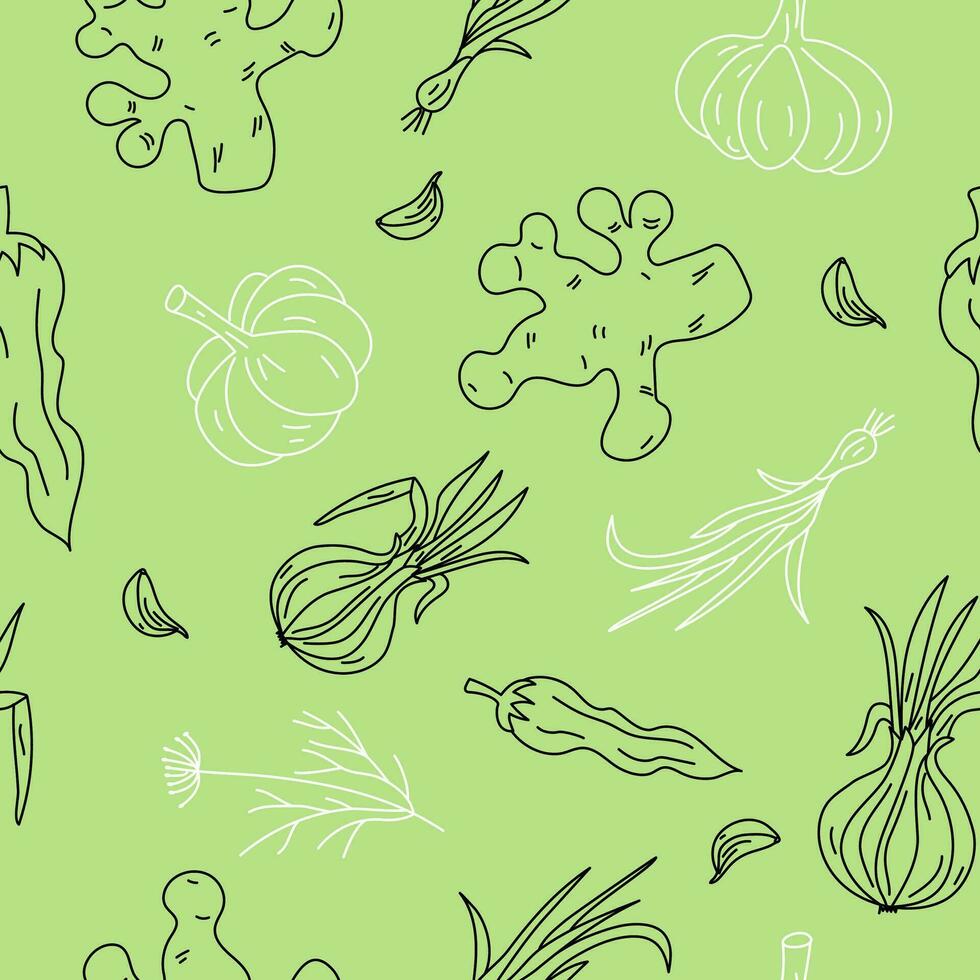 Gemüse Muster ist nahtlos. abstrakt Muster von ein einstellen von Gemüse. Zwiebel, Ingwer, Knoblauch, Pfeffer und Dill. Vektor Grafik.
