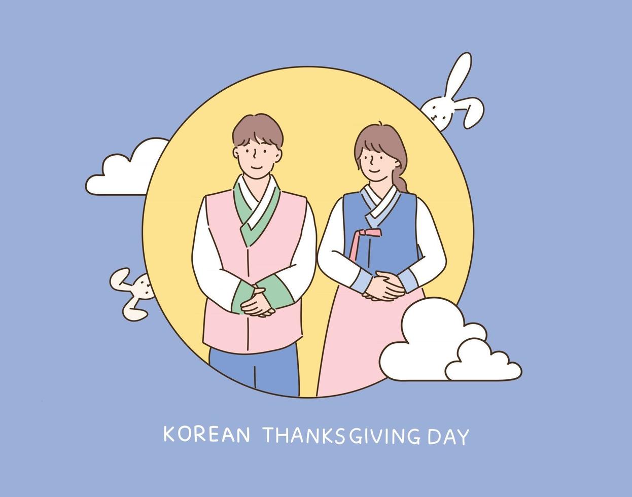 ett par klädda i traditionella koreanska kläder står artigt i fullmånen. handritade illustrationer för stilvektordesign. vektor