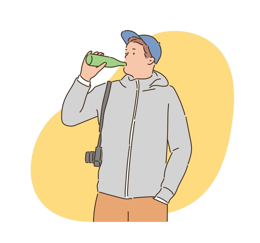 en man med en kamera dricker en drink. handritade illustrationer för stilvektordesign. vektor