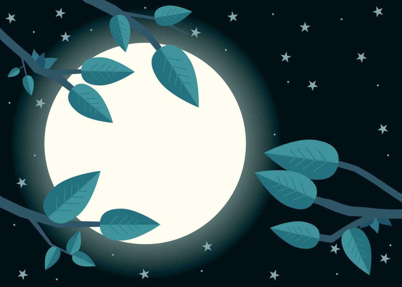 tecknad serie natt med måne. platt vektor illustration, träd, blad och måne.
