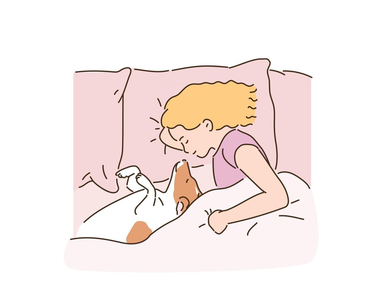 söt liten flicka sover i sängen med sin hund. handritade illustrationer för stilvektordesign. vektor