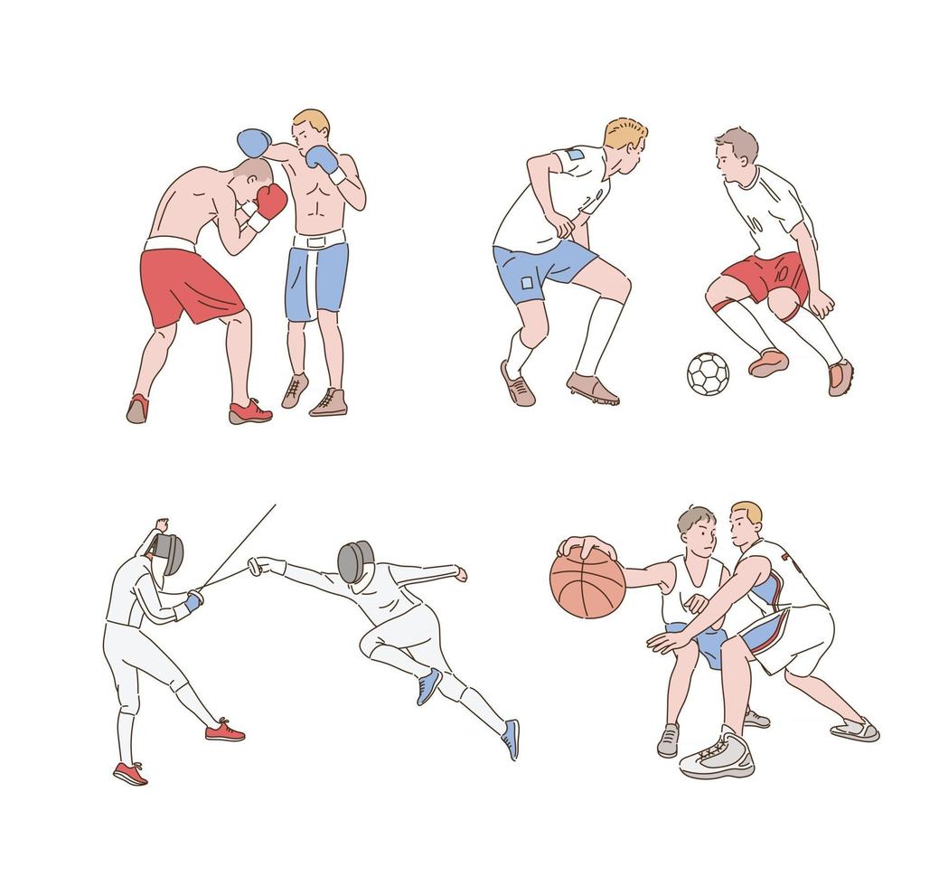 boxning, fotboll, staket och basket spelare spelar. handritade illustrationer för stilvektordesign. vektor