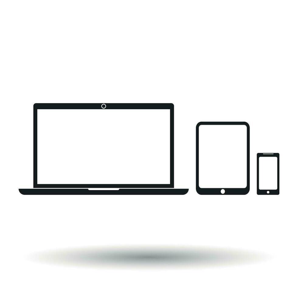 bärbar dator, läsplatta, telefon ikon. platt vektor illustration. elektronik tecken symbol med skugga på vit bakgrund.