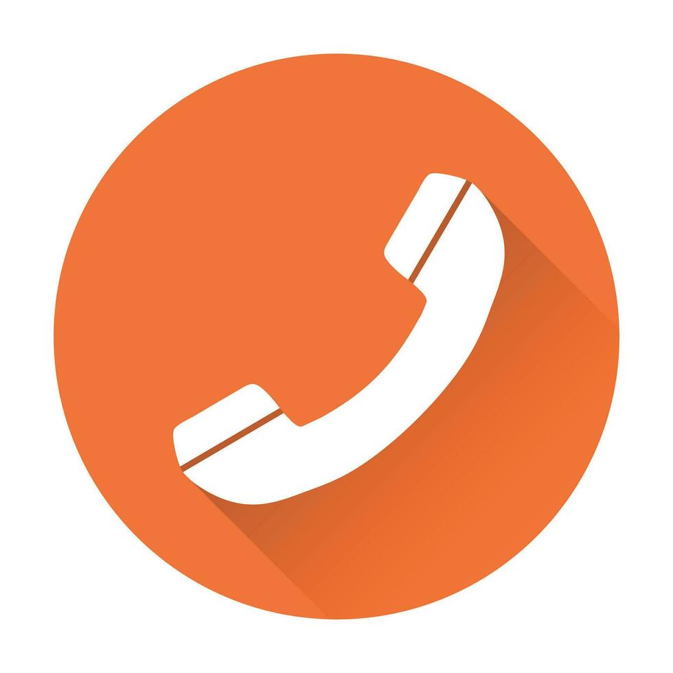 telefon ikon vektor, Kontakt, Stöd service tecken isolerat på runda orange bakgrund med lång skugga. telefon, kommunikation ikon i platt stil. vektor