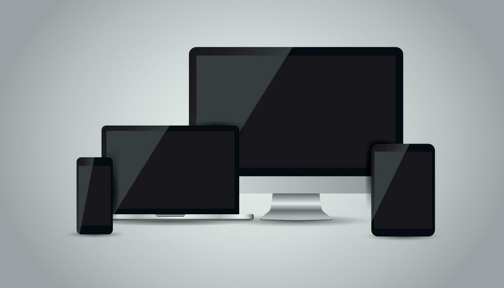 realistisch Gerät eben Symbole Smartphone, Tablette, Laptop und Desktop Computer. Vektor Illustration