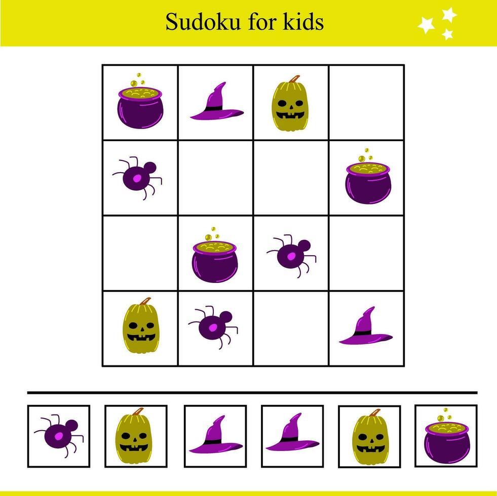 sudoku för barn med häxa element. pedagogisk spel för barn. halloween vektor illustration