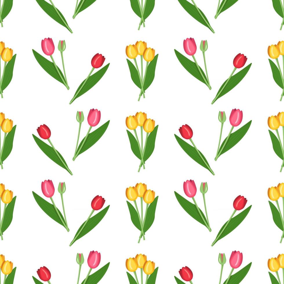 nahtloses Muster mit Frühlingsblumen Tulpen in verschiedenen Farben. Pflanzenset mit hellen Knospen und grünen Blättern vektor