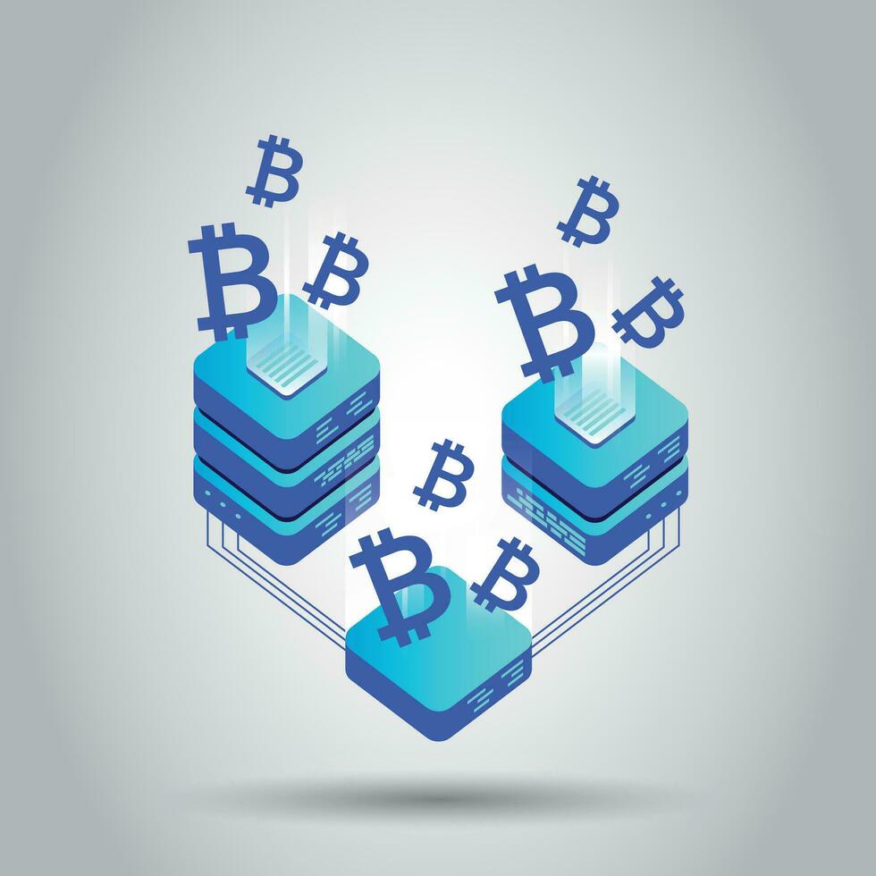 Bergbau Bitcoin Server Vektor Symbol im isometrisch Stil. Blockchain Krypto Geld Bauernhof Rechenzentrum Illustration Hintergrund. Block Kette Konzept.