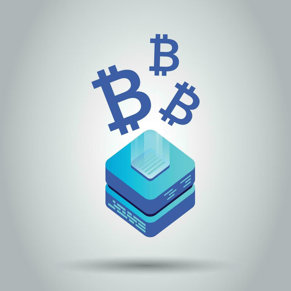 Bergbau Bitcoin Server Vektor Symbol im isometrisch Stil. Blockchain Krypto Geld Bauernhof Rechenzentrum Illustration Hintergrund. Block Kette Konzept.