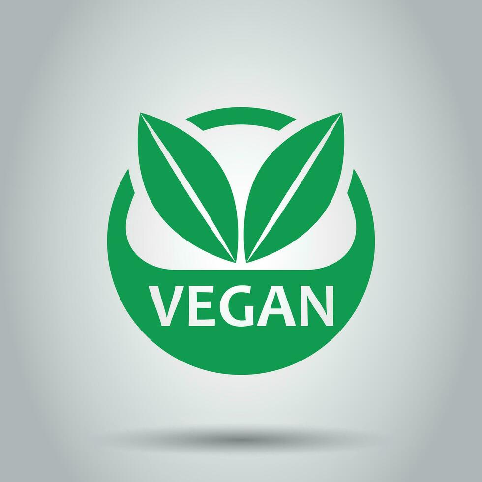 vegan Etikette Abzeichen Vektor Symbol im eben Stil. Vegetarier Briefmarke Illustration auf Weiß Hintergrund. Öko natürlich Essen Konzept.