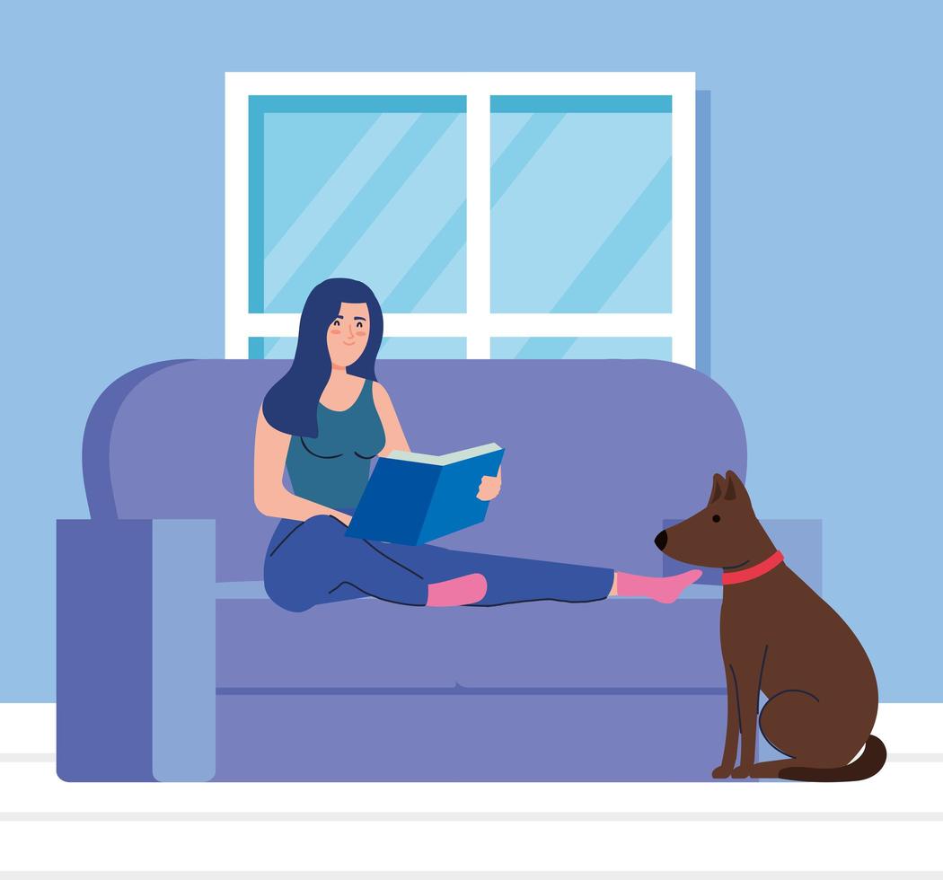 Frau sitzt auf der Couch und liest ein Buch mit Hundemaskottchen vektor