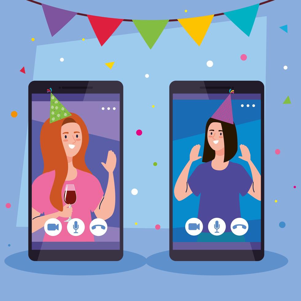 Online-Party, Freunde treffen, Frauen haben Online-Party zusammen in Quarantäne im Smartphone, Videokonferenz, Party-Webcam-Online-Urlaub vektor