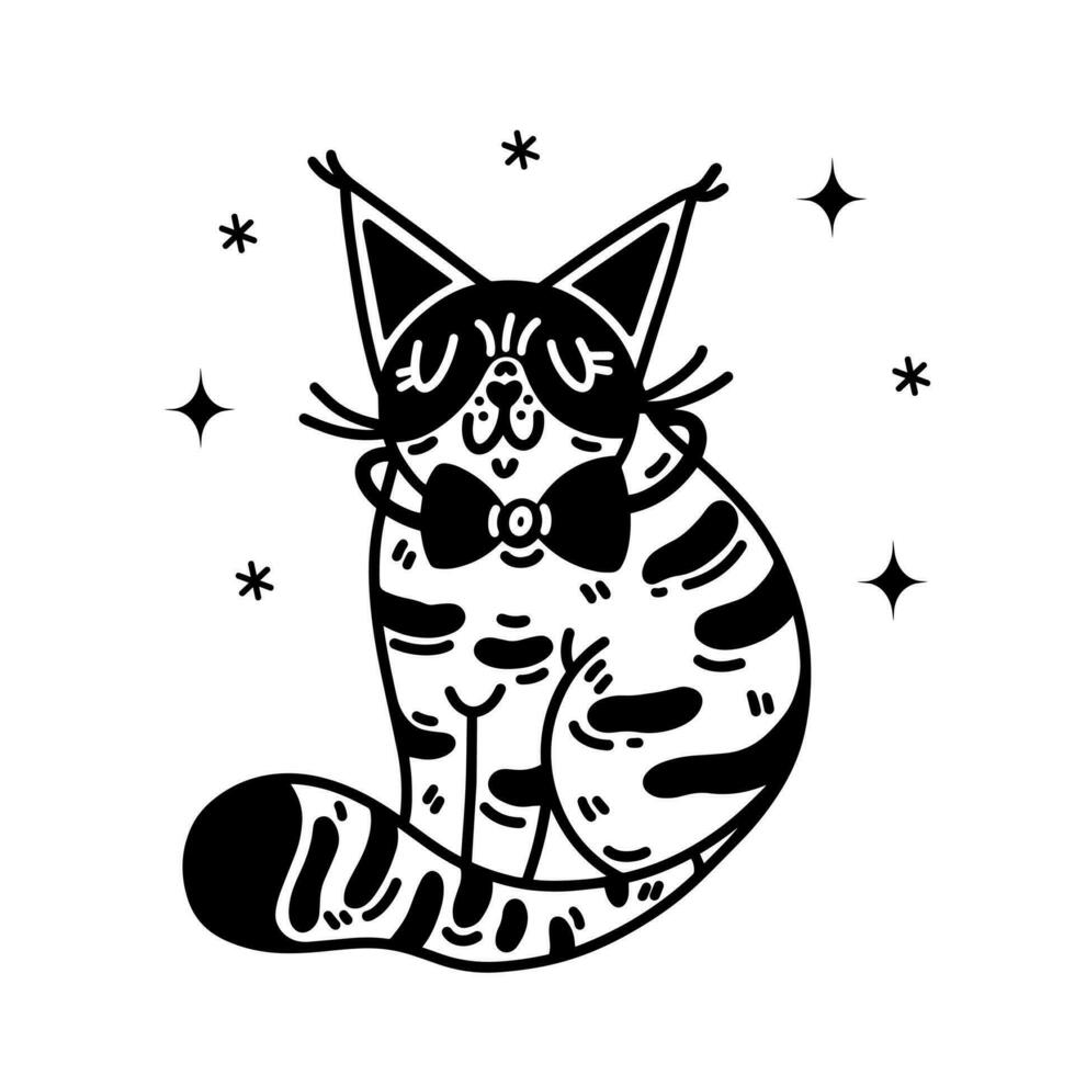 söt tabby katt vektor ikon. trevlig fluffig kattunge sitter och ler. sällskapsdjur i en krage med en rosett. attraktiv inhemsk djur. enkel klotter, isolerat skiss. svart och vit ClipArt för skriva ut, affischer, webb