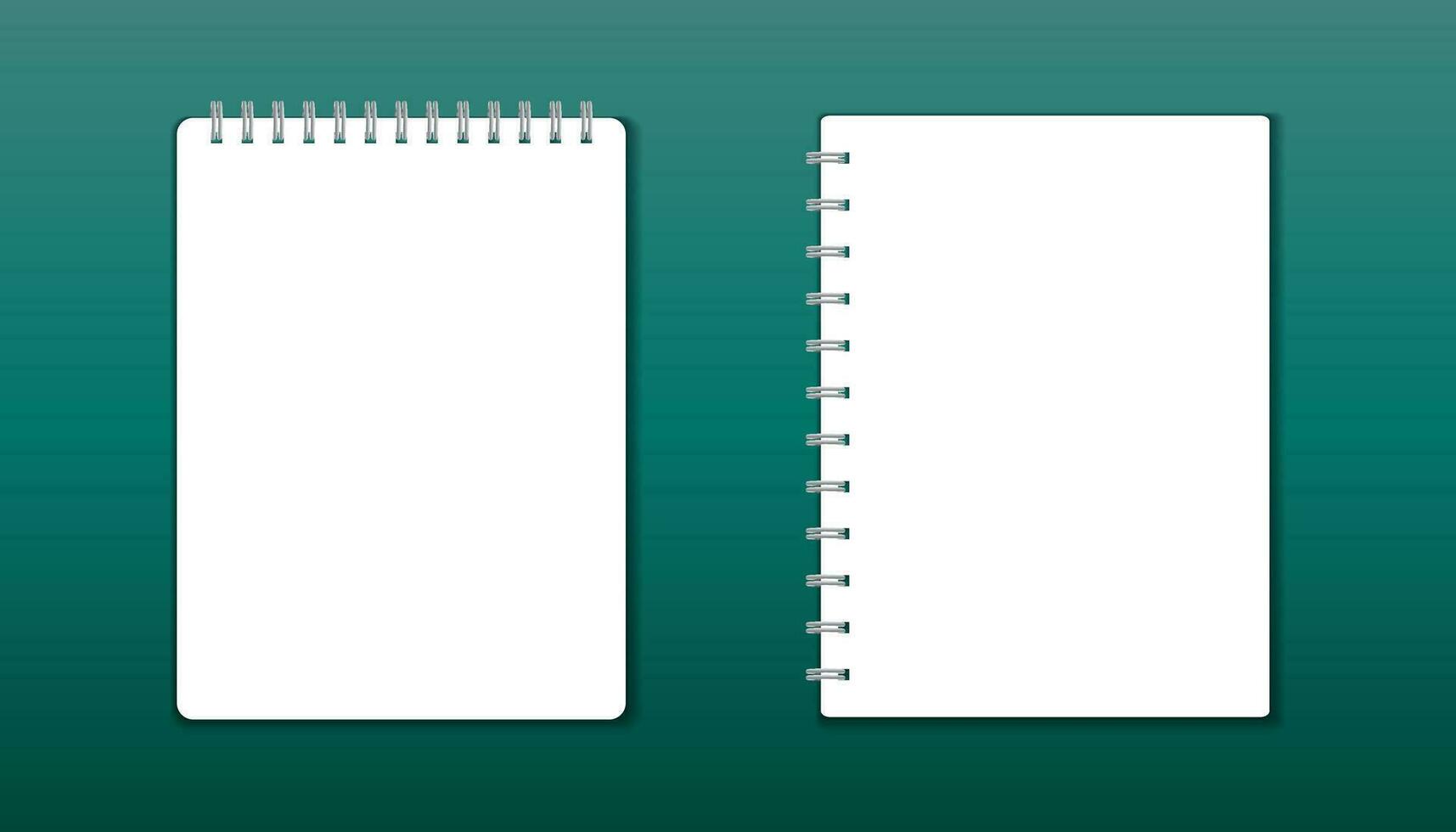 realistisch Vorlage Notizblock mit Spiral. leer Startseite Design. Schule Geschäft Tagebuch. Büro Schreibwaren Notizbuch auf Grün Hintergrund vektor
