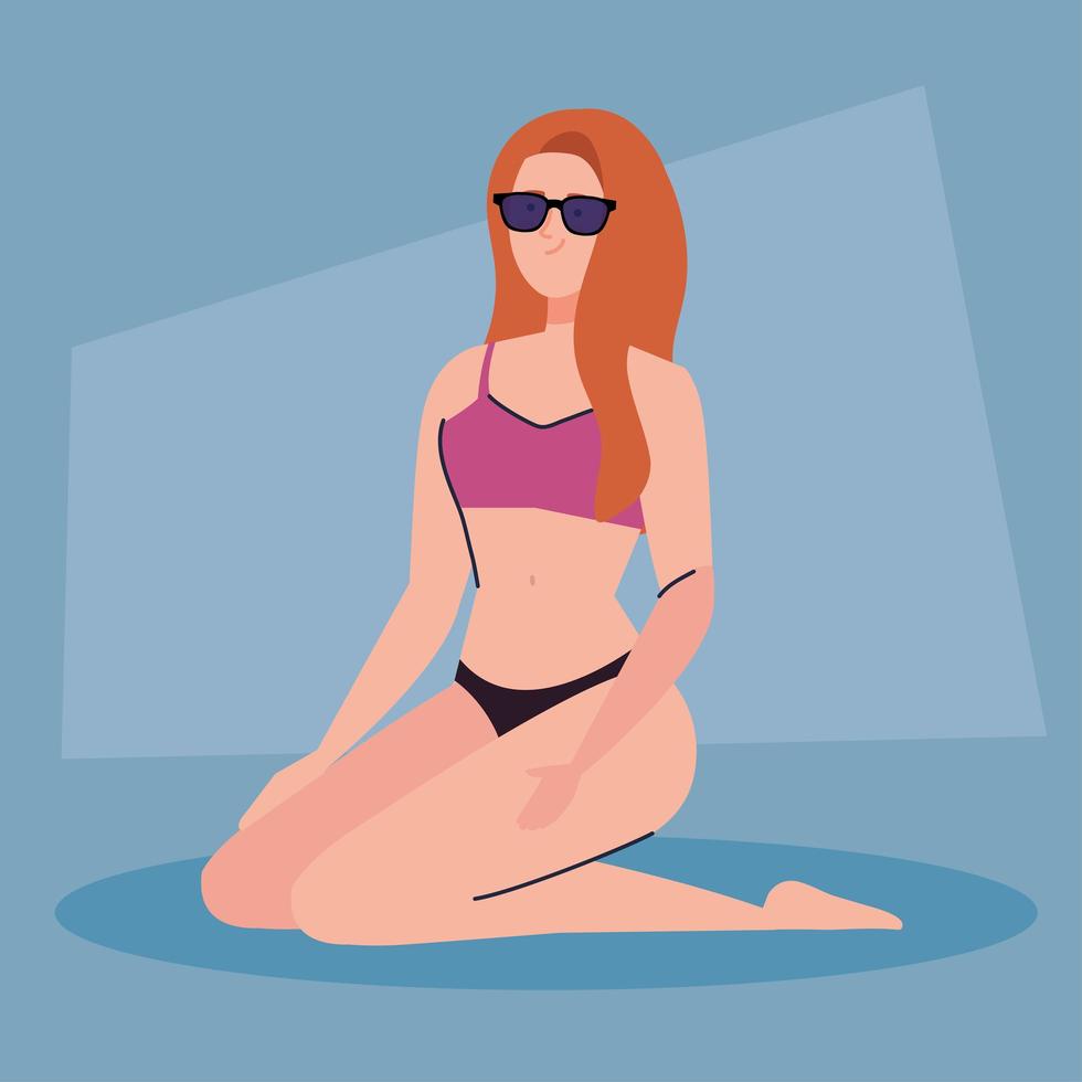 Frau mit Badeanzug mit Sonnenbrille, Sommerferienzeit vektor