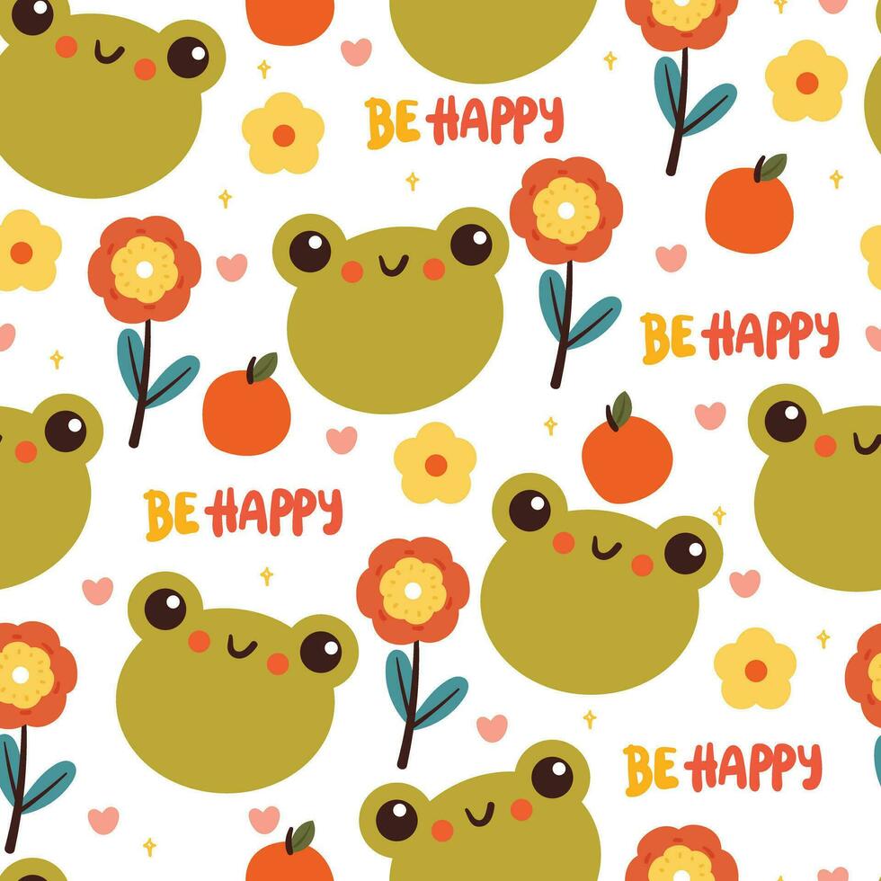 nahtlos Muster Karikatur Frosch mit Orange und Blume. süß Tier, Pflanze und Obst Hintergrund zum Textil, Geschenk wickeln Papier vektor