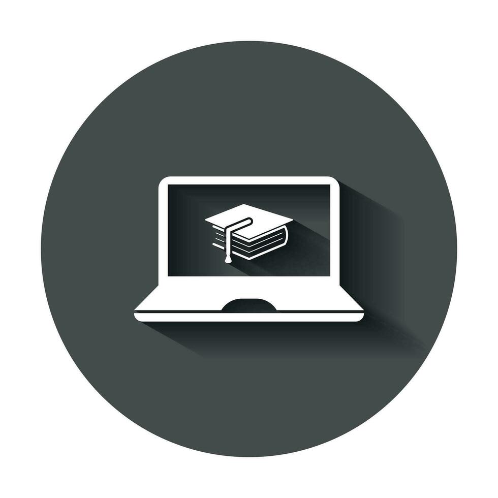 E-Learning Bildung Symbol im eben Stil. Studie Vektor Illustration mit lange Schatten. Laptop Computer online Ausbildung Geschäft Konzept.