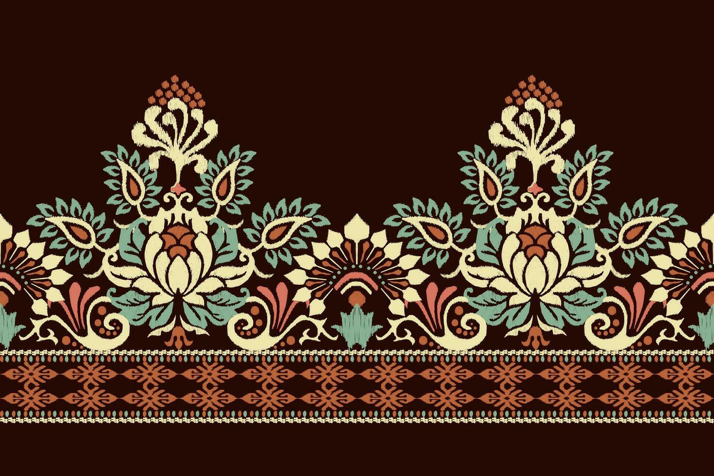 Ikat Blumen- Paisley Stickerei auf braun hintergrund.ikat ethnisch orientalisch Muster traditionell.aztekisch Stil abstrakt Vektor illustration.design zum Textur, Stoff, Kleidung, Verpackung, Dekoration, Sarong, Schal