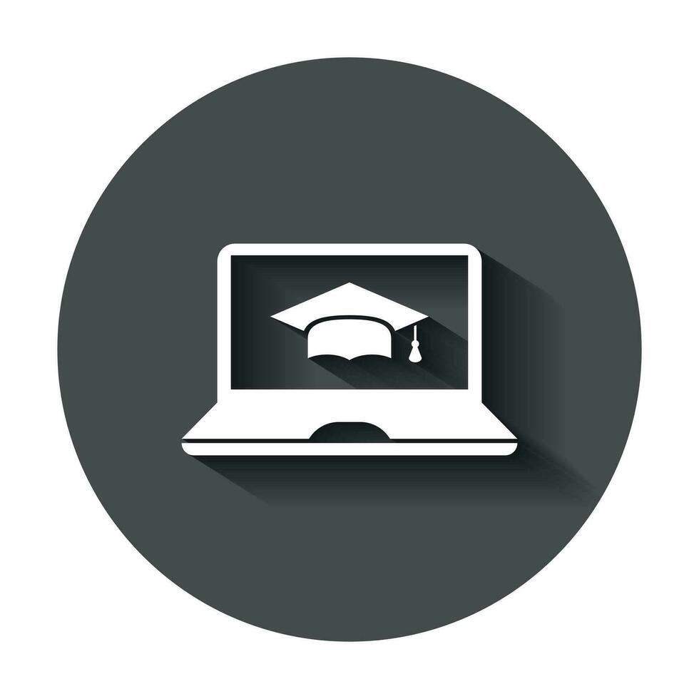 E-Learning Bildung Symbol im eben Stil. Studie Vektor Illustration mit lange Schatten. Laptop Computer online Ausbildung Geschäft Konzept.